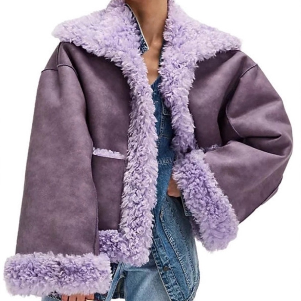Free People Purple Faux Shearling Bomber Jacket
